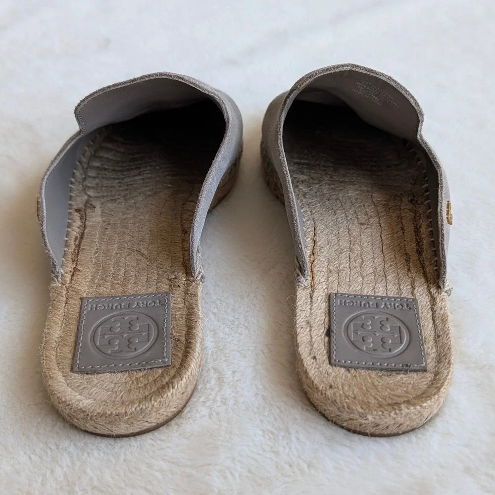 Tory Burch Gray Suede Espadrille Mules Slip On Flats Logo Gray Women Size 9